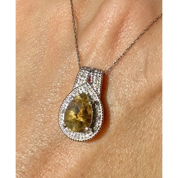 10k Solid White Gold And Diamonds Clyde Duneier Pear Tourmaline Pendant - Picture 1 of 12